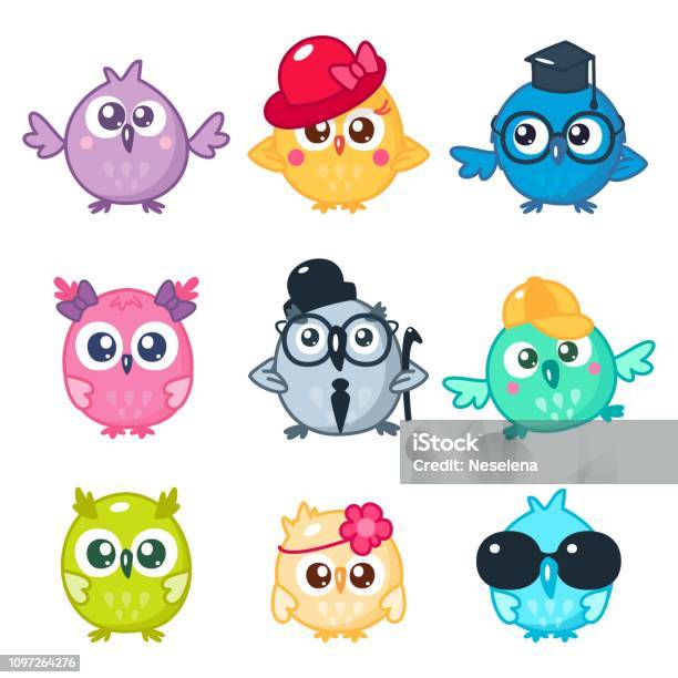 Set Of Cute Colorful Owls With Different Glasses And Hats Cartoon Bird Emojis And Stickers Vector Illustration Kawaii Style Stock Illustration - Download Image Now