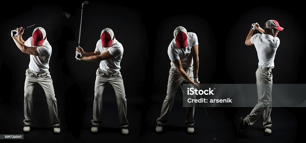 Serie foto de hombre Balanceo de Golf Club sobre negro - Foto de stock de Swing de golf libre de derechos