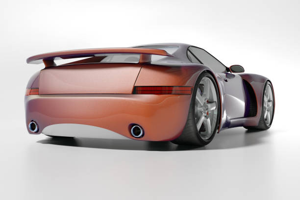 The rear end of a red sports car on a white background. My own sports car design. Very high resolution 3D render.