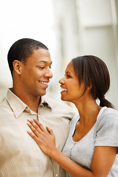 istock Young couple looking at each other and smiling 109726825