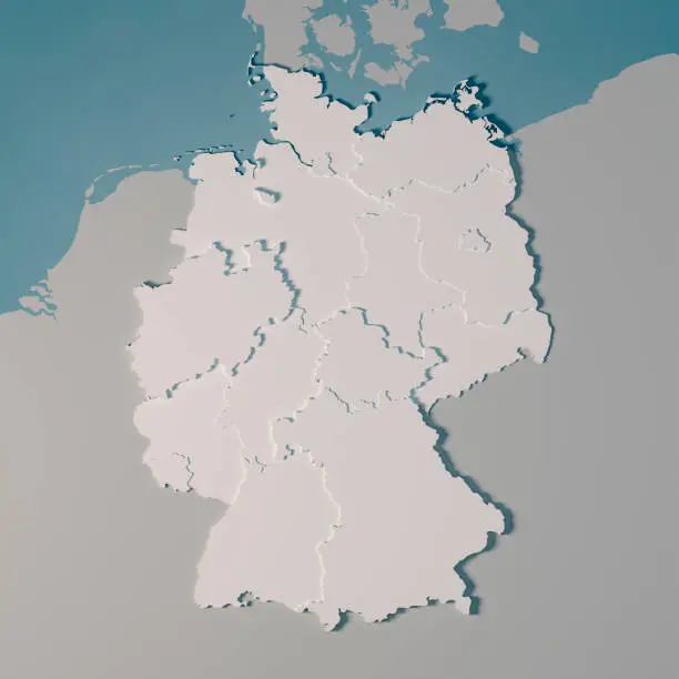 3D Render of a Country Map of Germany with the Administrative Divisions.
Made with Natural Earth. 
https://www.naturalearthdata.com/downloads/10m-cultural-vectors/
All source data is in the public domain.