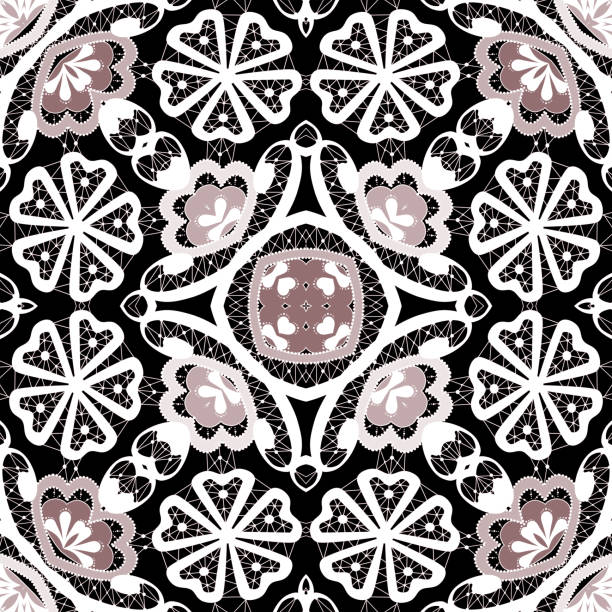 illustrazioni stock, clip art, cartoni animati e icone di tendenza di pizzo ornamentale senza cuciture rosso motivo bianco sfondo nero - lace pink white black