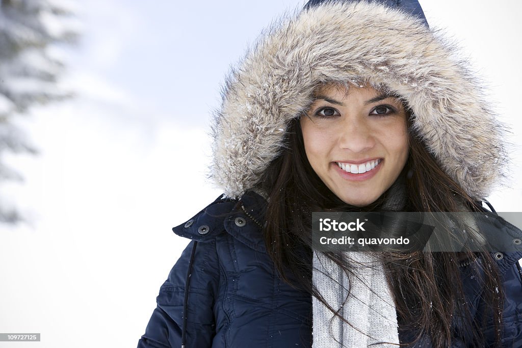 Beautiful Young Woman Portrait in Hooded Snow Jacket, Copy Space  Adult Stock Photo