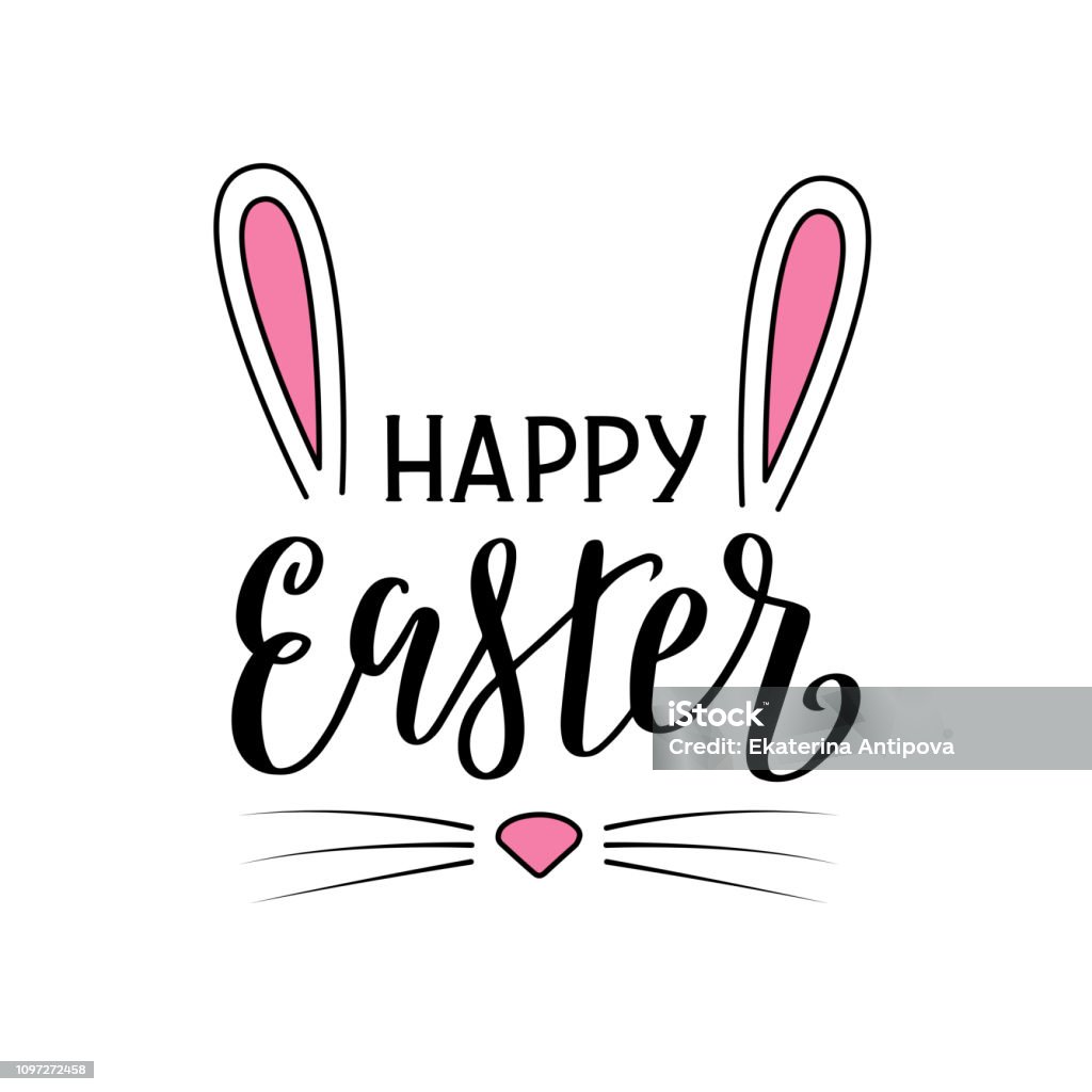 Affiche de lettrage joyeux Pâques en forme de tête de lapin. - clipart vectoriel de Message écrit et lettre de l'alphabet libre de droits