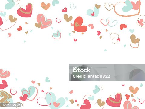 istock Decorative background with brush painted hearts on white backdrop. Flat vector texture. 1097272726