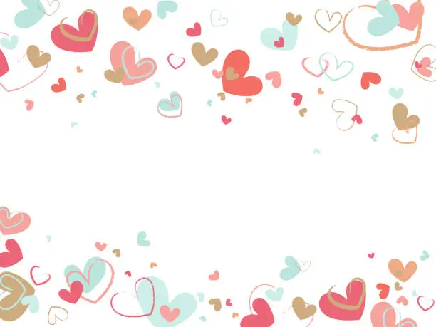 Vector illustration of Decorative background with brush painted hearts on white backdrop. Flat vector texture.