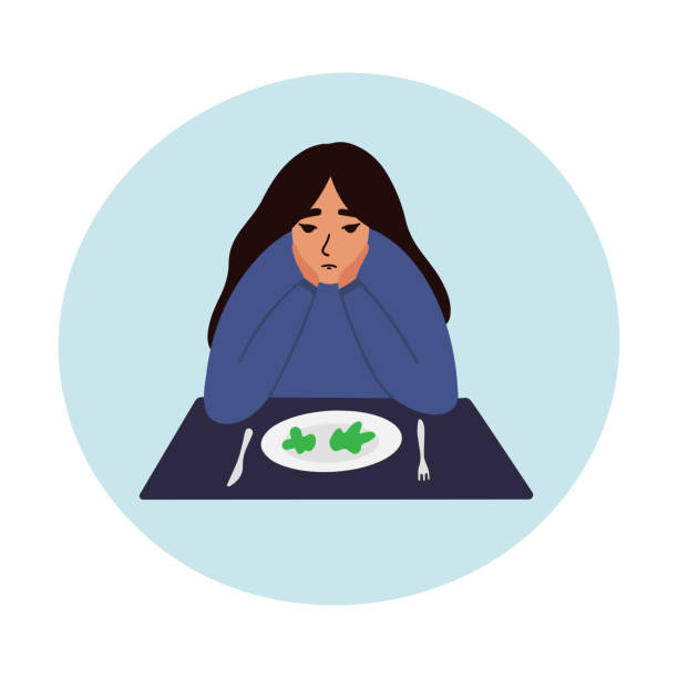 Sad young woman looking at empty plate vector illustration. Danger of diets and anorexia vector concept. EPS 10 eating disorder stock illustrations