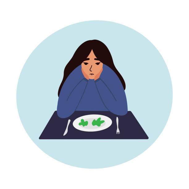 Sad young woman looking at empty plate vector illustration. Danger of diets and anorexia vector concept. EPS 10 hungry stock illustrations