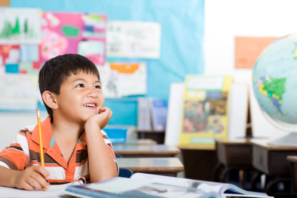 istock Adorable Hispanic Boy in Elementary Classroom, Dreaming, Copy Space 109727560