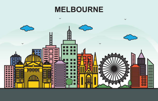 メルボルン市内ツアー街並みのスカイラインのカラフルなイラスト - melbourne skyline australia city点のイラスト素材／クリップアート素材／マンガ素材／アイコン素材