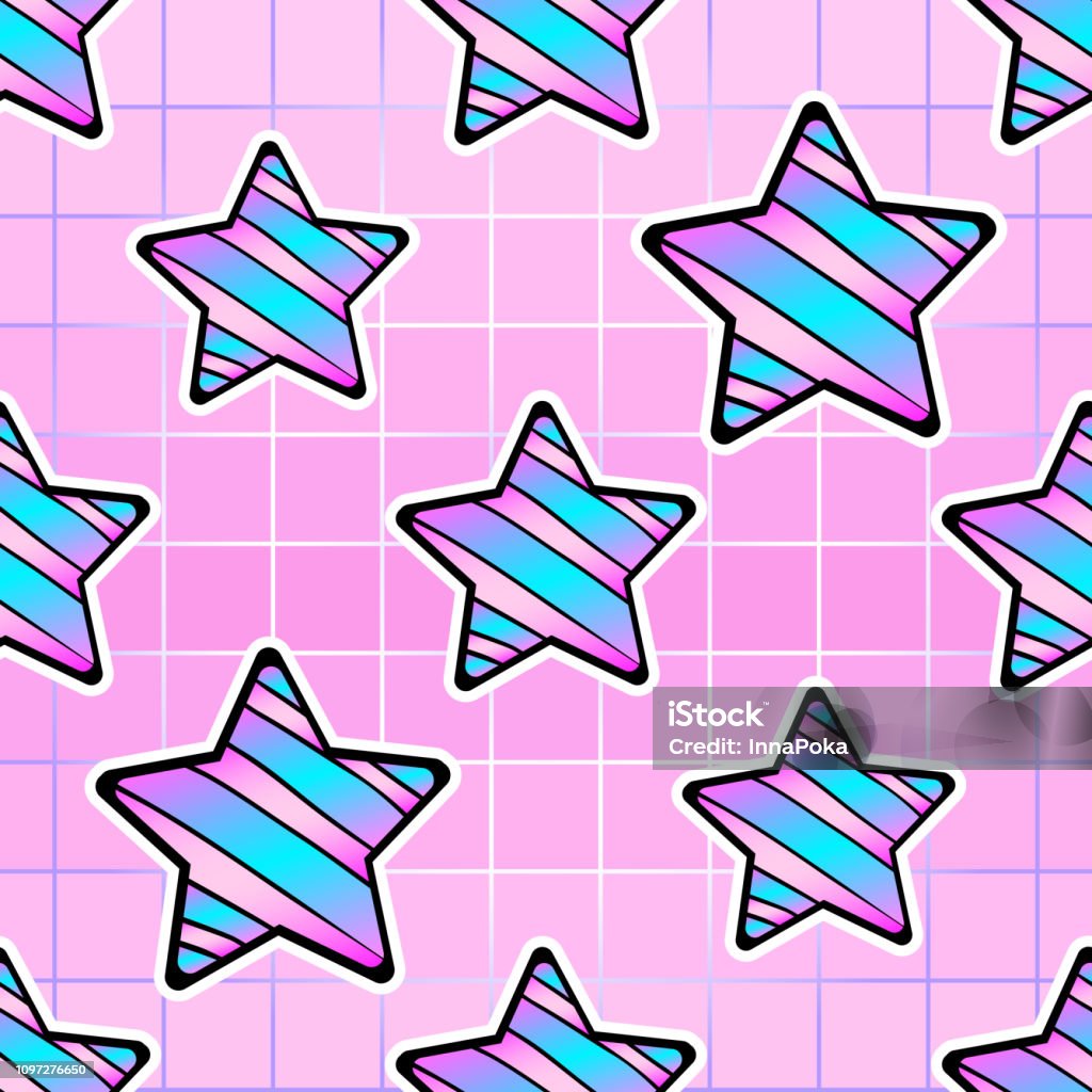 Seamless pattern with star patches. Pink grid background. Kawaii gradient wallpaper. Ombre stock vector