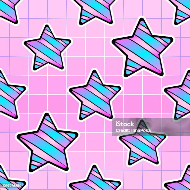 Seamless Pattern With Star Patches Pink Grid Background Kawaii Gradient Wallpaper Stock Illustration - Download Image Now