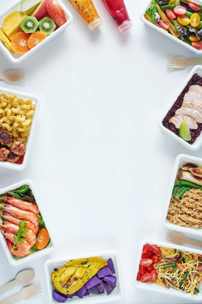 istock Weekly menu concept. Assorted ready to eat healthy meals over white background with copy space. 1097278762