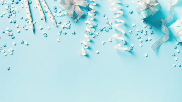 istock Birthday and party concept background with decoration on blue 1097279088