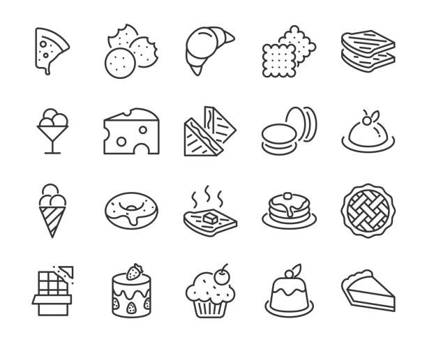 set of bakery icons, such as cake, doughnut,  bread, cheese, pie, tart set of bakery icons, such as cake, doughnut,  bread, cheese, pie, tart ice pie stock illustrations