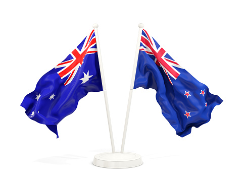 Two waving flags of Australia and new zealand isolated on white. 3D illustration