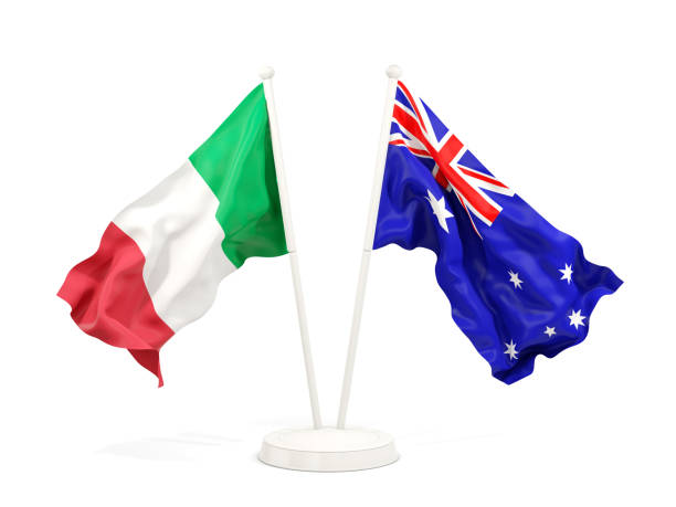 istock Two waving flags of Italy and australia 1097287970