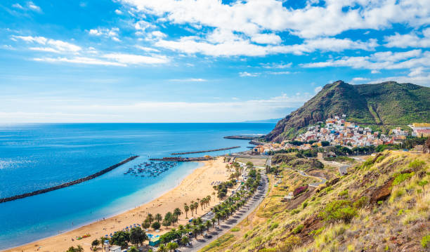 Las Teresitas beach, Tenerife Landscape with Las Teresitas beach and San Andres village, Tenerife, Canary Islands, Spain tenerife stock pictures, royalty-free photos & images
