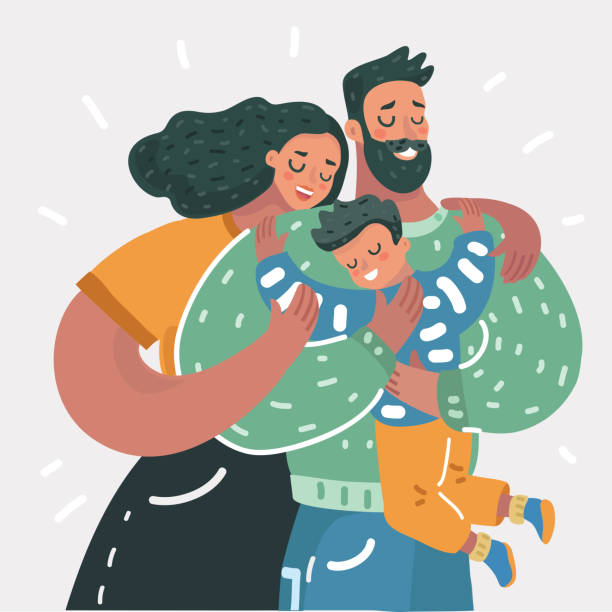 ilustraciones, imágenes clip art, dibujos animados e iconos de stock de ilustración de dibujos animados de una joven familia feliz - abrazo familia