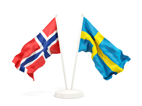 Two waving flags of norway and sweden isolated on white. 3D illustration
