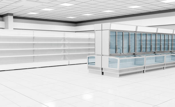istock Interior empty supermarket with  showcases freezer 1097295318