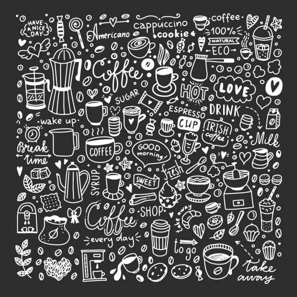 コーヒーは、黒の背景上に設定されたベクトルをいたずら書き。かわいいカフェ ホットの飲み物をイラストと甘い食べ物の要素の大きなコレクション - tea machine点のイラスト素材／クリップアート素材／マンガ素材／アイコン素材