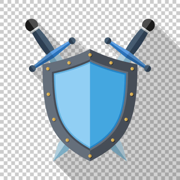 ilustrações, clipart, desenhos animados e ícones de escudo e ícone de duas espadas cruzadas em estilo simples, com uma longa sombra sobre fundo transparente - escudo armamento