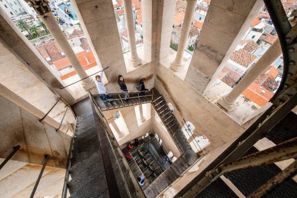 Going down inside the medieval Campanile (bell tower) of the cathedral of the city of Split in Croatia