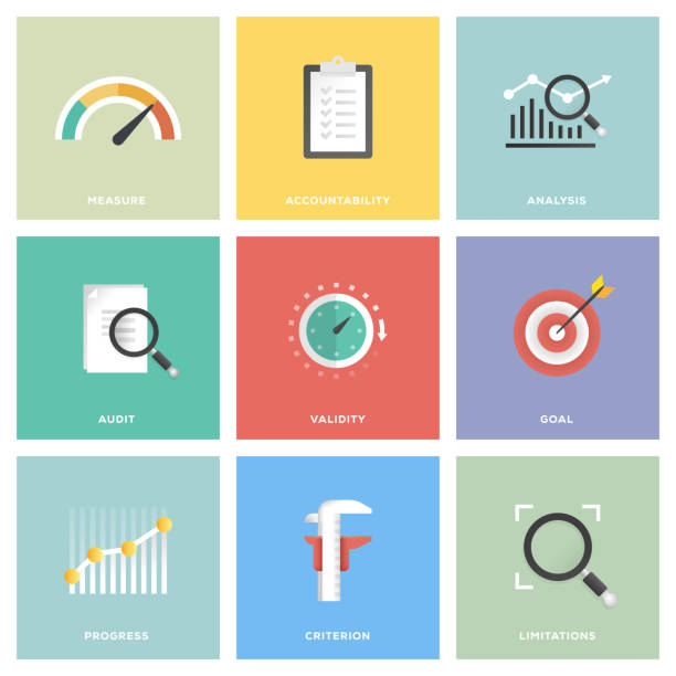 zestaw ikon oceny - scrutiny analyzing examining research stock illustrations