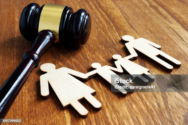 Family Law Concept Wooden Figures And Gavel Stock Photo - Download Image Now - Family, Law, Family Law