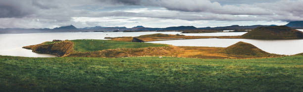 Panoramic view on Myvatn lake with craters in North Iceland.