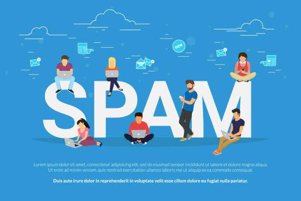 koncepcja spamu płaska ilustracja wektorowa młodych mężczyzn i kobiet otrzymujących niechciane e-maile - unsolicited stock illustrations