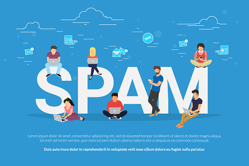 Spam concept flat vector illustration of young men and women using laptop, digital tablets and smart phones for receiving letters and promotion offers. Flat people and unsolicited email distribution