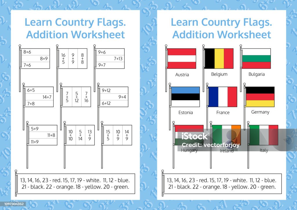 Addition Flag Color Learn Country Flags Addition Worksheet Educational Game Mathematical ...