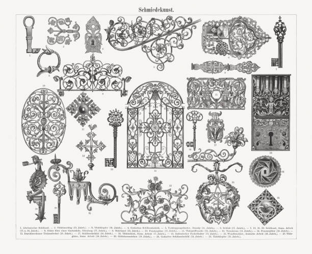 historyczne huty �żelaza (gotycko-, renesansowo-barokowe), ryciny drewniane, opublikowane w 1897 roku - garden key stock illustrations