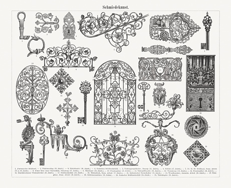 Historic ironwork: 1) Ancient Roman key; 2) Door hinge (15th century); 3) Door knocker (16th century); 4) Gothic decorative cover on the keyhole; 5) banister (Danzig, 16th century); 6) Lock (17th century); 7, 13, 16, 20) Key (France, 17th and 18th century); 8) Iron grate over a garden door (Nuremberg, 17th century); 9) Door hinge (15th century); 10) Window grill (17th century); 11) Diamond Rosette for door handle (15th century); 12) Steeple cross with weathercock (15th century); 14) Window grill (18th century); 15) Open-work chest lid (16th century); 17) Renaissance decorative cover on the keyhole (16th century); 18) Door lock (France, 17th century); 19) Torch holder (Italy, 15th century); 21) Wall chandelier (Germany, 18th century); 22) Door grill (France, 18th century), 23) Guild house sign (18th century); 24) Gothic decorative cover on the keyhole (15th century); 25) Door knocker (15th century). Wood engravings, published in 1897.