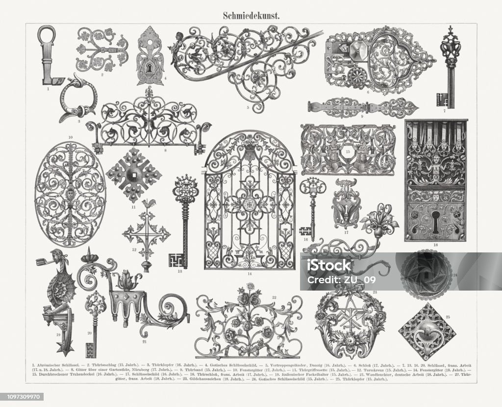 Historic ironwork (gothic-, renaissance-, baroque-style), wood engravings, published 1897 Historic ironwork: 1) Ancient Roman key; 2) Door hinge (15th century); 3) Door knocker (16th century); 4) Gothic decorative cover on the keyhole; 5) banister (Danzig, 16th century); 6) Lock (17th century); 7, 13, 16, 20) Key (France, 17th and 18th century); 8) Iron grate over a garden door (Nuremberg, 17th century); 9) Door hinge (15th century); 10) Window grill (17th century); 11) Diamond Rosette for door handle (15th century); 12) Steeple cross with weathercock (15th century); 14) Window grill (18th century); 15) Open-work chest lid (16th century); 17) Renaissance decorative cover on the keyhole (16th century); 18) Door lock (France, 17th century); 19) Torch holder (Italy, 15th century); 21) Wall chandelier (Germany, 18th century); 22) Door grill (France, 18th century), 23) Guild house sign (18th century); 24) Gothic decorative cover on the keyhole (15th century); 25) Door knocker (15th century). Wood engravings, published in 1897. Key stock illustration