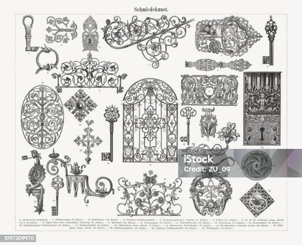 Historic Ironwork Wood Engravings Published 1897 Stock Illustration - Download Image Now