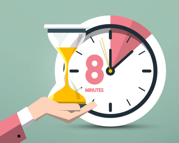 8 Eight Minutes Clock Symbol. Time Icon with Hourglass in Hand. vector art illustration