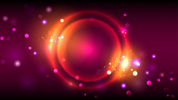 istock Party background, neon golden glowing circles, abstract bright round frame on dark magenta red background, vector 1097313804