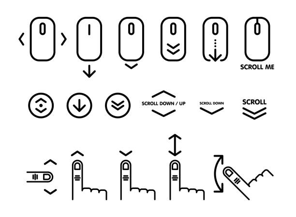 lineare piktogramm nach unten scrollen. scrollen sie nach unten, bis computer-maus-symbol für website, webdesign, mobile apps. vektor-illustration - mausrad stock-grafiken, -clipart, -cartoons und -symbole