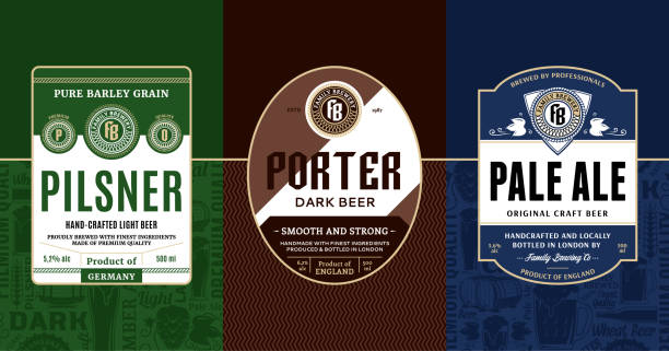 illustrazioni stock, clip art, cartoni animati e icone di tendenza di etichette di birra vintage vettoriale - etichetta