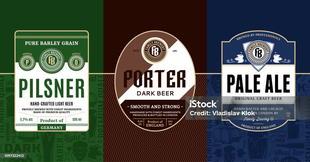 Vector vintage beer labels Vector vintage beer labels and packaging design templates. Pale ale, pilsner and porter labels. Brewing company branding and identity design elements. Beer - Alcohol stock vector