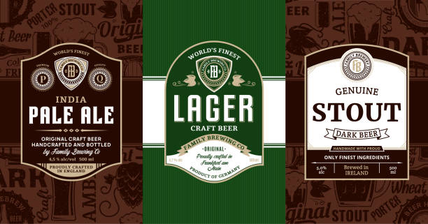ilustraciones, imágenes clip art, dibujos animados e iconos de stock de etiquetas de la cerveza vintage vector - beer backgrounds alcohol glass