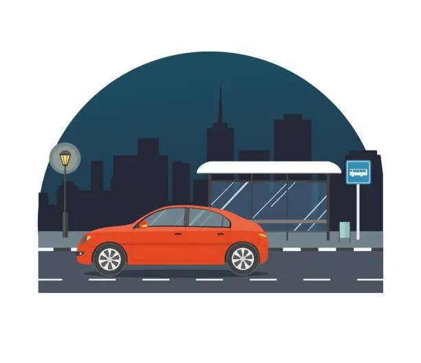 Vector illustration of Red car drive on road on background of night city.