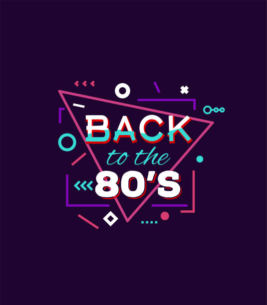 Back to 80's print Retro style back to eighties print for T-shirt or other uses. Vintage neon 80's or 90's text. Purple and pink colors, abstract shapes. 1980s style stock illustrations