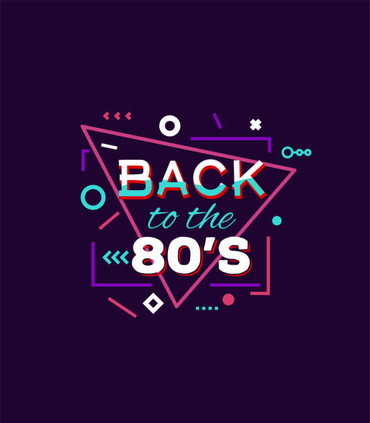 Back to 80's print Retro style back to eighties print for T-shirt or other uses. Vintage neon 80's or 90's text. Purple and pink colors, abstract shapes. 80s stock illustrations