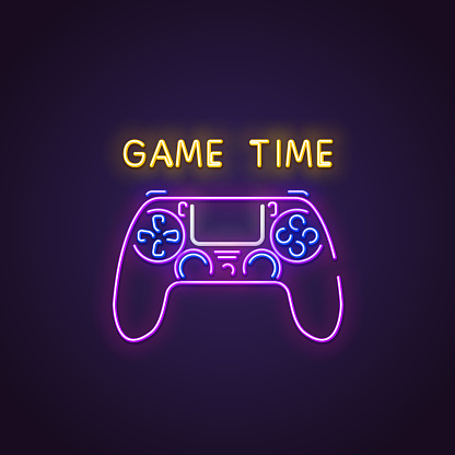 Gamepad neon sign. Glowing neon sign of modern gamepad. Game time letters glowing in retro colors. Gaming neon concept. Game night or retro party.