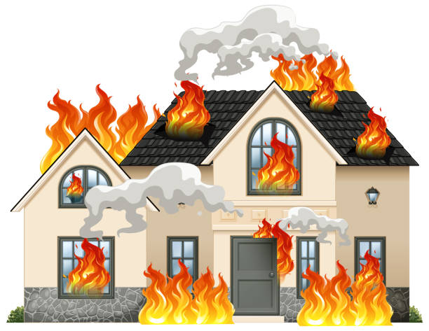 A modern house on fire A modern house on fire illustration burning house stock illustrations