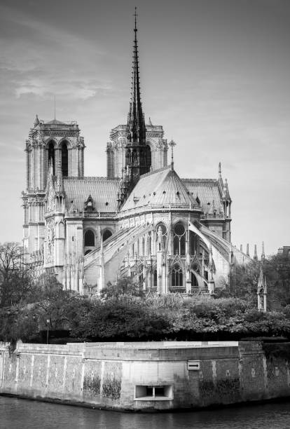 cathedral of notre dame de paris sunny autumn afternoon. embankment of the seine. the natives and tourists take a walk and relax in warm weather. blurred unrecognizable faces. bw photo. paris. france. - medieval autumn cathedral vertical imagens e fotografias de stock